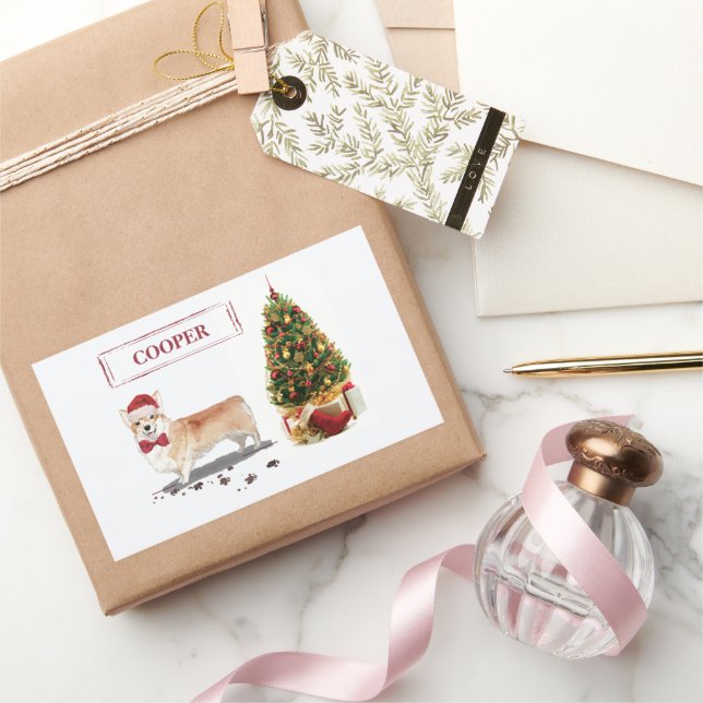 Pegatina Rectangular Corgi Navidades graciosos perro con árbol (Regalar)