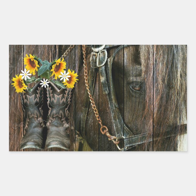Pegatina Rectangular Cowboy Caballo Boots Girasoles Rústica Junta de Pa (Anverso)