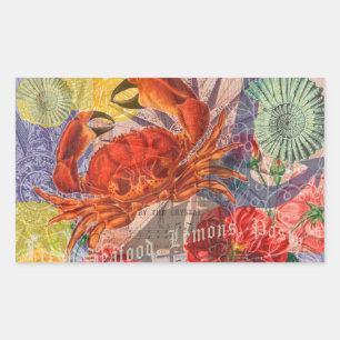 Pegatina Rectangular Crab Nautical Beach Art