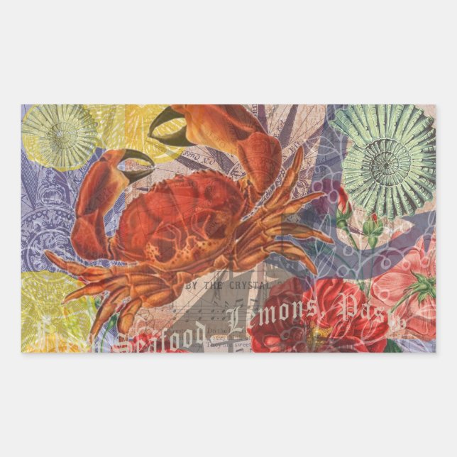 Pegatina Rectangular Crab Nautical Beach Art (Anverso)