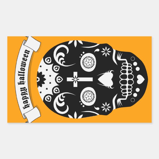 Pegatina Rectangular cráneo de azúcar de halloween feliz (Anverso)
