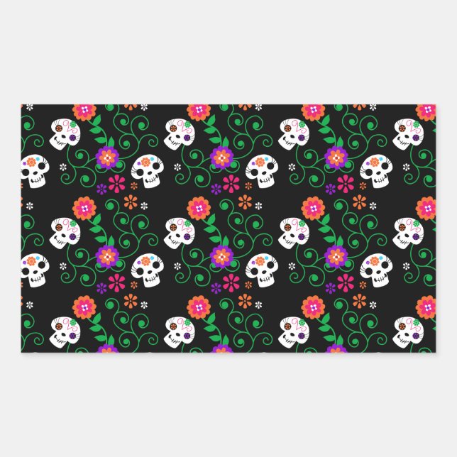 Pegatina Rectangular cráneo de azúcar negro (Anverso)