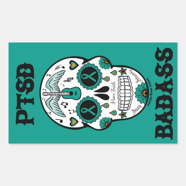 Pegatina Rectangular Cráneo de azúcar para Badass del PTSD (Anverso)