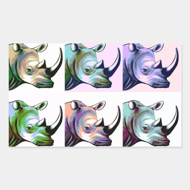 Pegatina Rectangular Crash de arte pop de rinocerontes (Anverso)