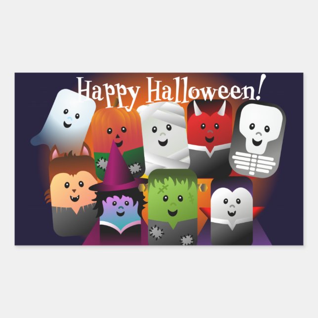 Pegatina Rectangular Criaturas de los monstruos de Halloween Personaliz (Anverso)