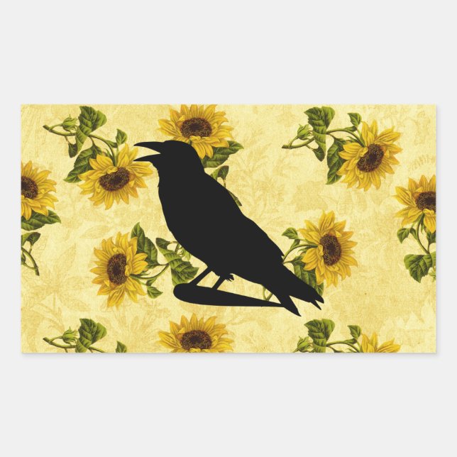 Pegatina Rectangular Crow on Sunflowers (Anverso)