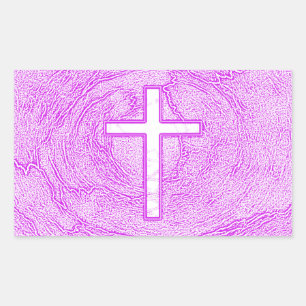 PEGATINA RECTANGULAR CRUZ BLANCA DESTACADA EN ROSA