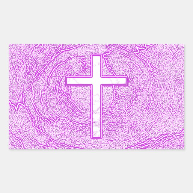 PEGATINA RECTANGULAR CRUZ BLANCA DESTACADA EN ROSA (Anverso)
