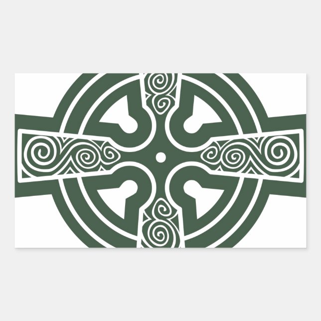 Pegatina Rectangular Cruz Celta Verde con grabado en Triskele (Anverso)