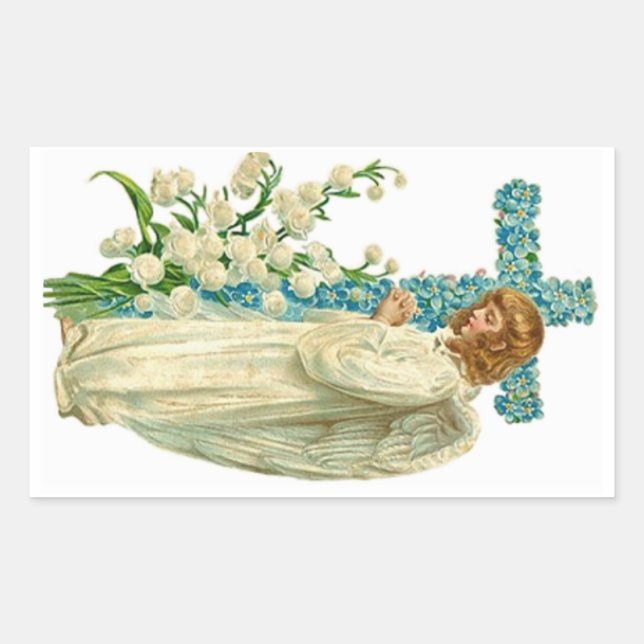 Pegatina Rectangular Cruz cristiana florida azul (Anverso)