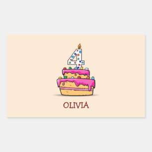 Pegatina Rectangular Cuarto cumpleaños chica, cuatro en pastelito rosa