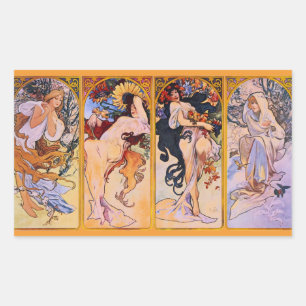 Pegatina Rectangular Cuatro Estaciones por Alfons Mucha Art Deco Nouvea