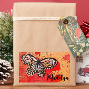 Pegatina Rectangular Cubo mariposa acuarela Vintage Boho Añadir nombre