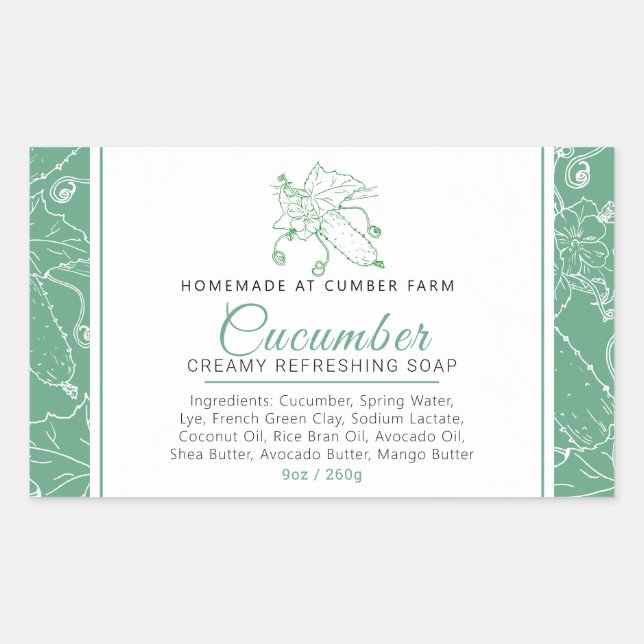 Pegatina Rectangular Cucumber frío prensado jabón verde blanco (Anverso)