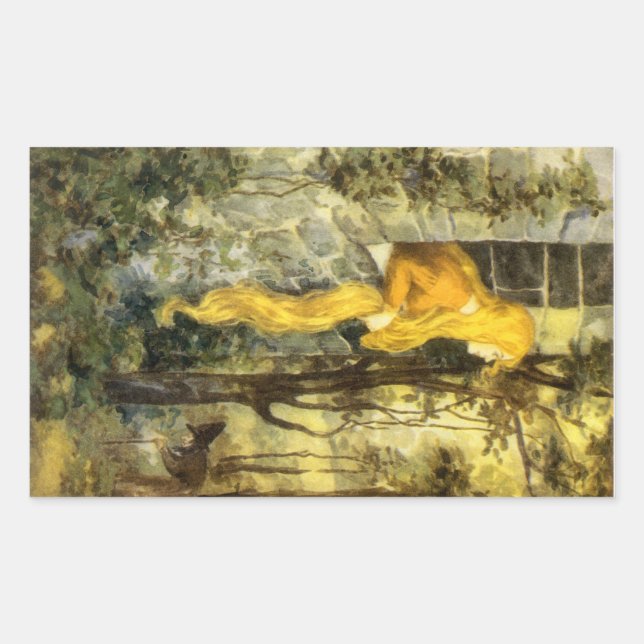 Pegatina Rectangular Cuento de Hadas Vintage, Rapunzel con Cabello Rubi (Anverso)