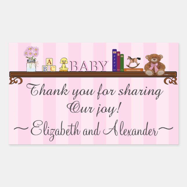 Pegatina Rectangular Cuidada Baby Shower Gracias En Rosa (Anverso)