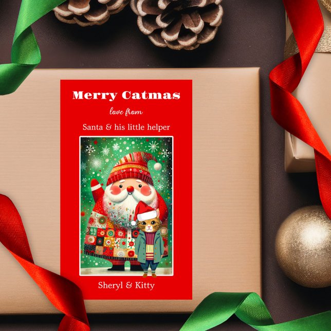 Pegatina Rectangular Cuidados Colorful Bold Merry Catmas Navidades (A cute Merry Christmas sticker featuring Santa with a kitty cat helper in festive bold colors)