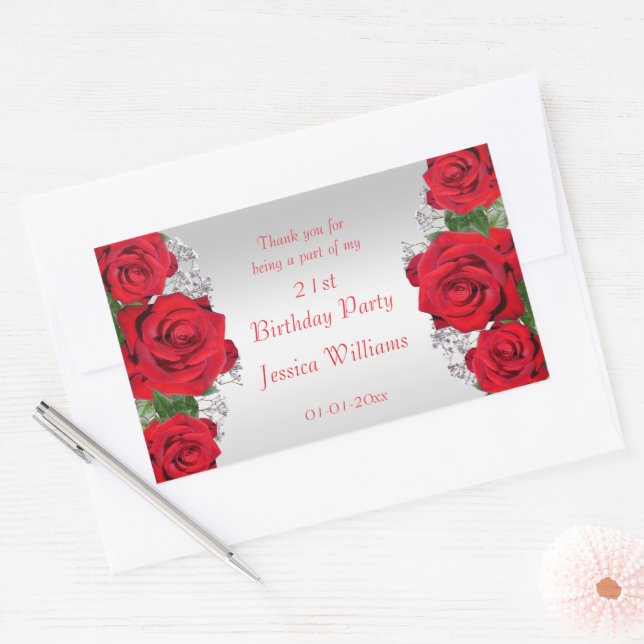 Pegatina Rectangular Cumpleaños con hermosas rosas rojas románticas (Sobre)