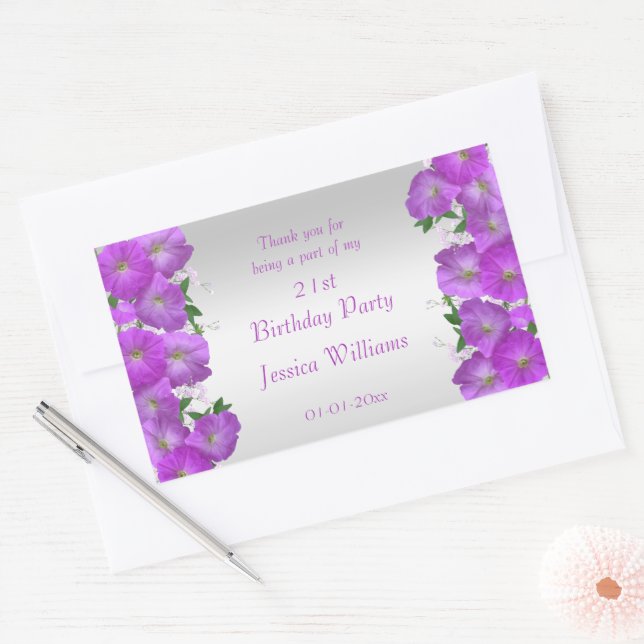 Pegatina Rectangular Cumpleaños floral de petunias elegantes y hermosas (Sobre)