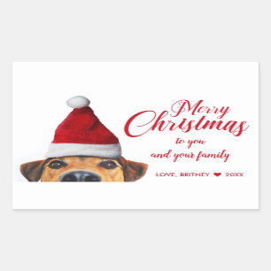 Pegatina Rectangular Curioso perro gracioso con Santa Hat