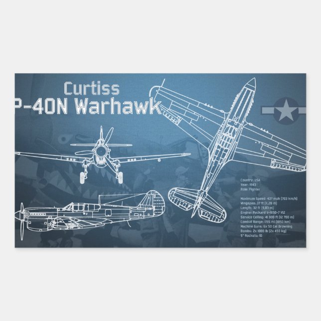 Pegatina Rectangular Curtiss P-40 Warhawk Blueprint (Anverso)