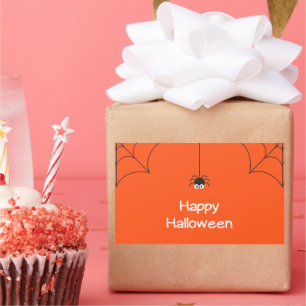 Pegatina Rectangular Cuta Feliz Halloween colgando araña con web