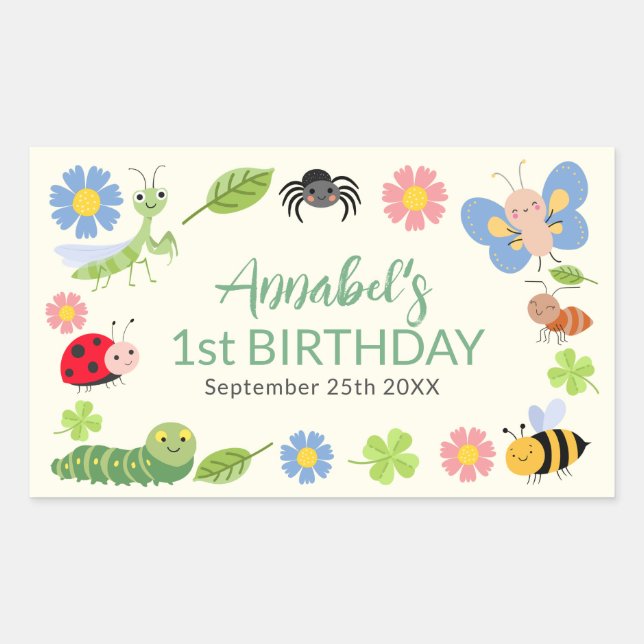 Pegatina Rectangular Cute Bug Ladybug Buttefly Kids 1st Birthday  (Anverso)