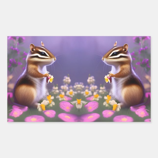 Pegatina Rectangular Cute Chipmunk en las flores (Anverso)