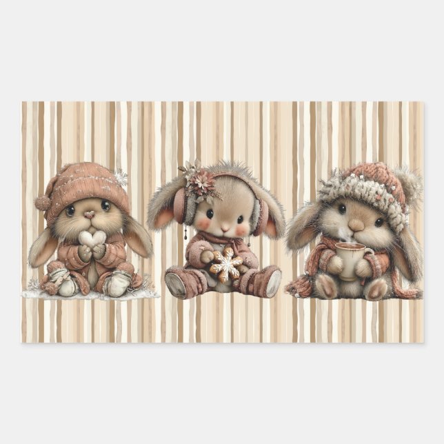 Pegatina Rectangular Cute conejitos invernales neutrales (Anverso)