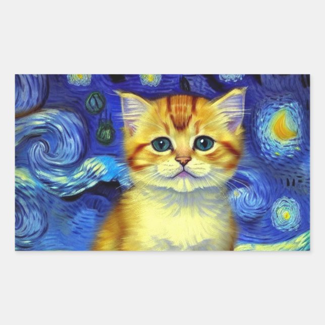 Pegatina Rectangular Cute Kitten Starry Night Van Gogh (Anverso)