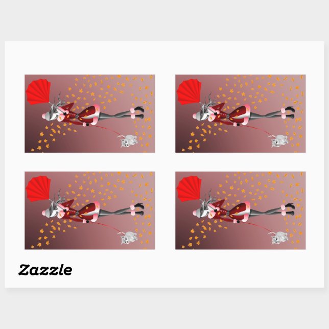 Pegatina Rectangular Cute otoño invierno escena perro y dama (Hoja)