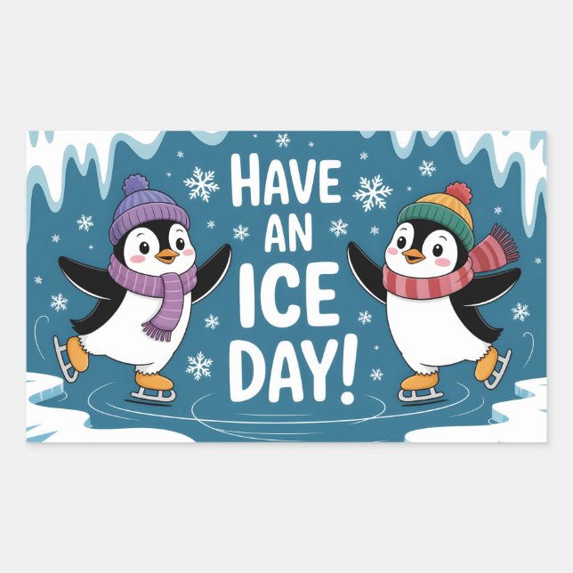 Pegatina Rectangular Cute Penguins Ice Skating Cartoon, Have an Ice Day (Anverso)