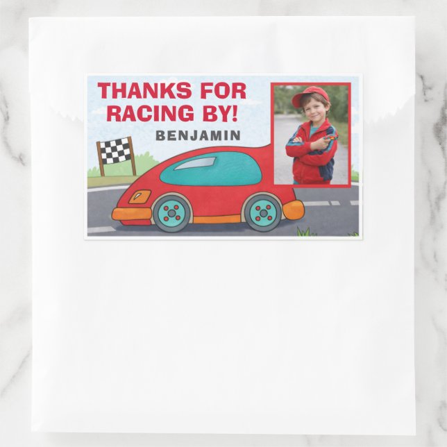 Pegatina Rectangular Cute Red Racing Car Birthday Photo  (Bolso)