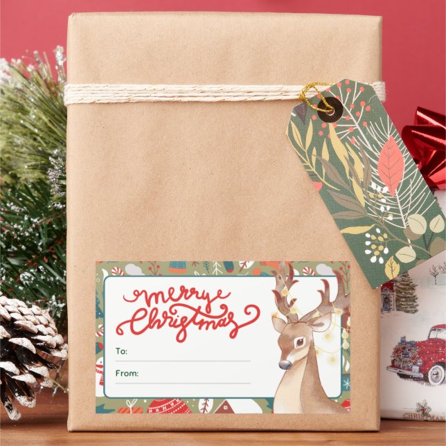 Pegatina Rectangular Cute Reindeer Merry Christmas Lights  (Vacaciones)