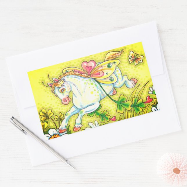 PEGATINA RECTANGULAR CUTE ST. PATRICK'S DAY FLYING IRISH PONY, FAIRY (Sobre)