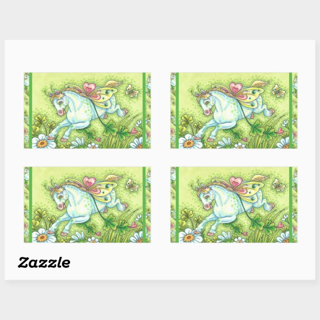 PEGATINA RECTANGULAR CUTE ST. PATRICK'S DAY FLYING IRISH PONY, FAIRY (Hoja)