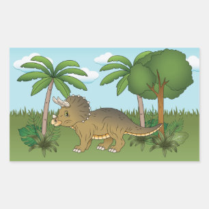 Pegatina Rectangular Cute Triceratops Dinosaurio Tropical Palm Tree
