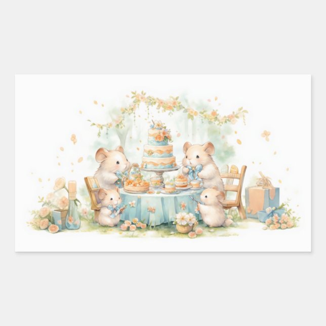 Pegatina Rectangular Cute Watercolor Hamster Garden Fiesta (Anverso)