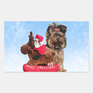 Pegatina Rectangular Cute Yorkshire Terrier Merry Christmas