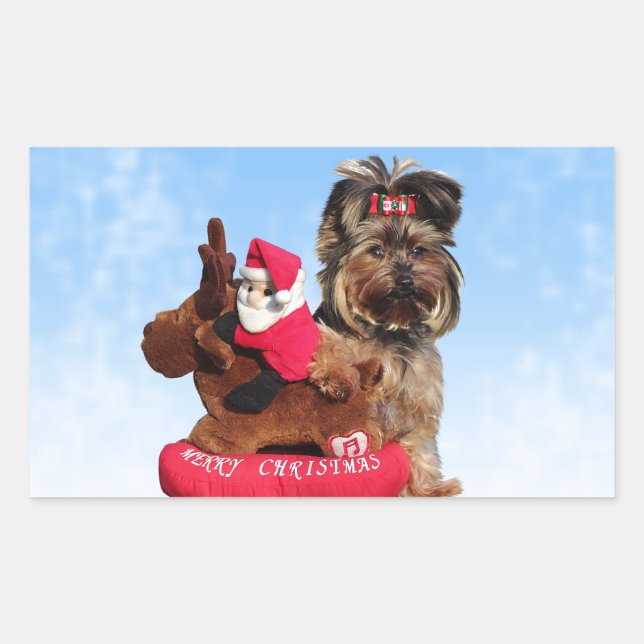 Pegatina Rectangular Cute Yorkshire Terrier Merry Christmas (Anverso)