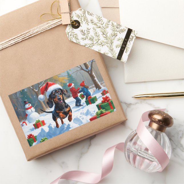 Pegatina Rectangular Dachshund corriendo en la nieve con sombrero de Na (Regalar)