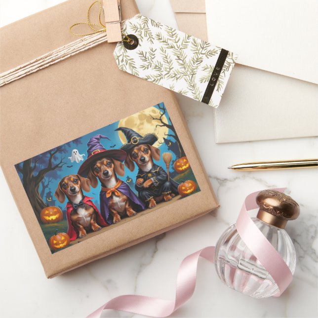 Pegatina Rectangular Dachshund Dogs Calabaza Halloween Divertido (Regalar)