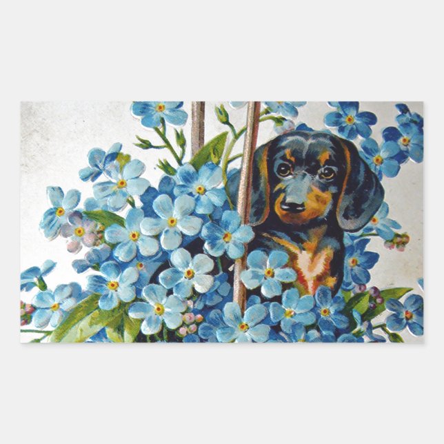 Pegatina Rectangular Dachshund y Forget-Me-Nots (Anverso)