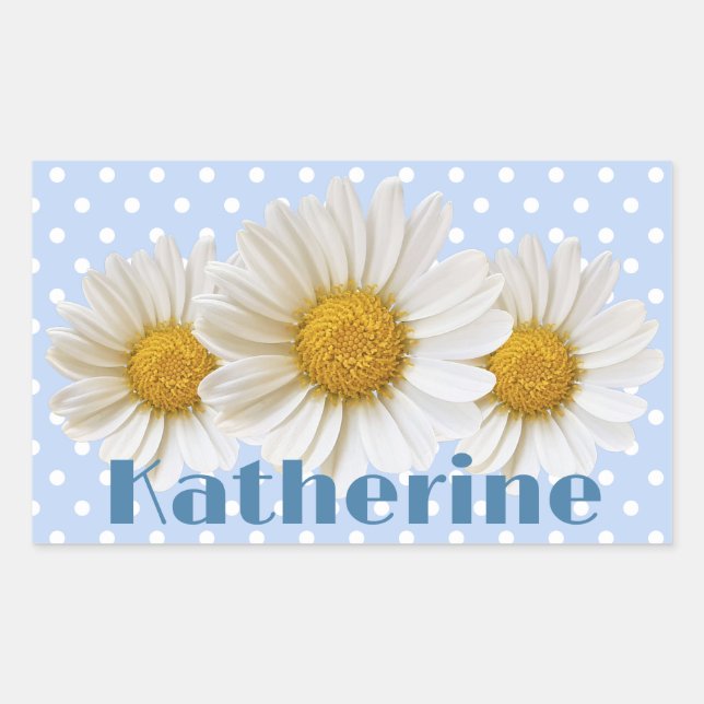 Pegatina Rectangular Daisies blancos nombre puntos polka azul (Anverso)