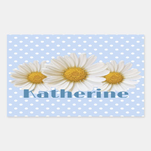 Pegatina Rectangular Daisies blancos nombre puntos polka azul