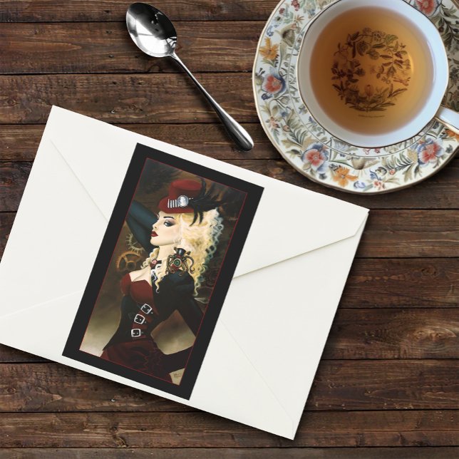 Pegatina Rectangular Dama Elegante Steampunk Victoriana Relojería Roja (Subido por el creador)