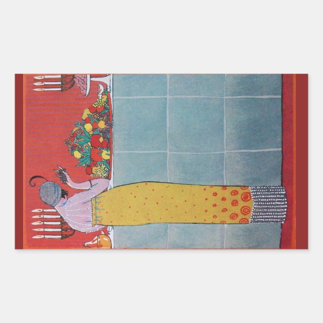 PEGATINA RECTANGULAR DAMA Y FRUTAS MESA CONJUNTO ARTE DECO BELLEZA MODA (Anverso)