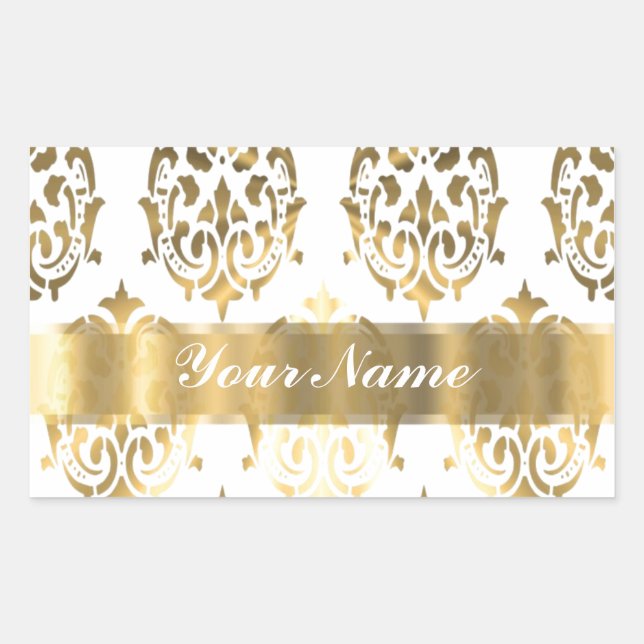 Pegatina Rectangular Damasco blanco y dorado (Anverso)