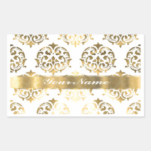 Pegatina Rectangular Damasco blanco y dorado