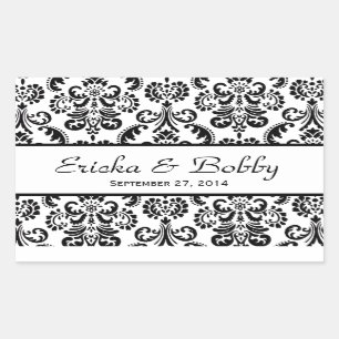 Pegatina Rectangular Damask boda negro y blanco V02